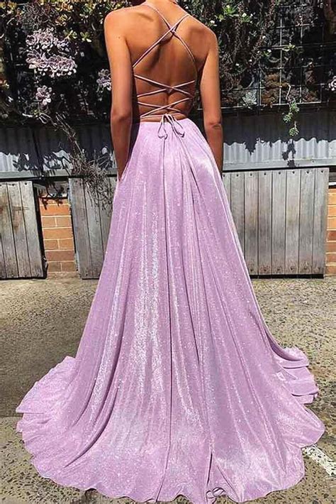 A Line V Neck Shiny Purple Prom Dresses Shiny Purple Backless Formal