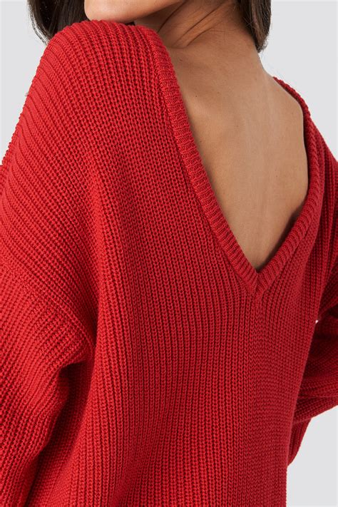 Knitted Deep V Neck Sweater Red Na