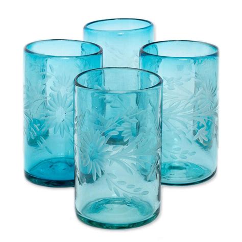 Unicef Market Mexican Handblown Glass Recycled Blue Tumblers Set Of 4 Aquamarine Flowers