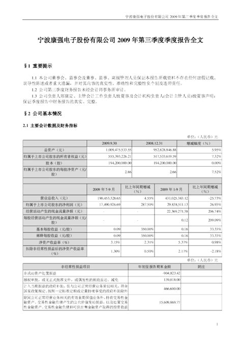 康强电子：2009年第三季度报告