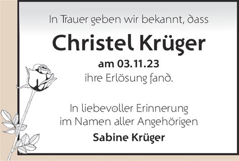 Traueranzeigen Von Christel Kr Ger M Rkische Onlinezeitung Trauerportal