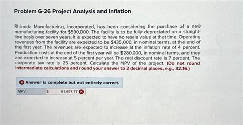 Solved Problem 6 26 Project Analysis And Inflation Shinoda Chegg