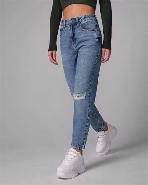 Riachuelo Calça jeans feminina mom cintura alta destroyed denim médio