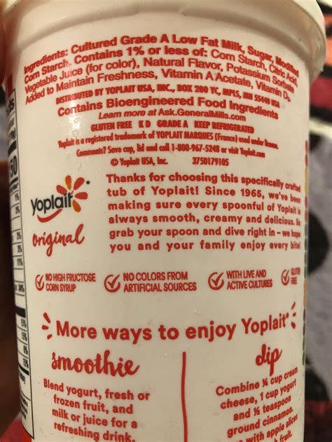 Yoplait Yogurt Nutrition Label