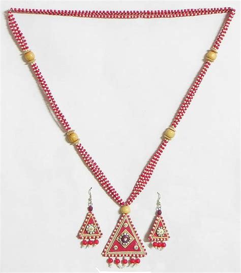 Red And Beige Wooden Bead Necklace With Jute Pendant And Earrings