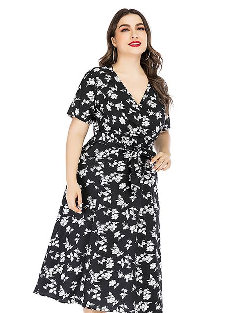 Plus Size Flower Print Tie Waist Dresses