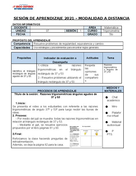 Sesion Trigonometr A Unidad To Grado Sesi N De Aprendizaje