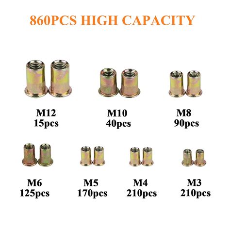 Kit Surtido De 860 Tuercas De Remache M3 M4 M5 M6 M8 M10 M12 De Acero