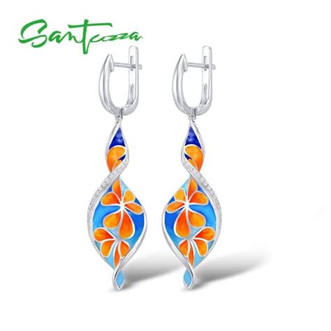 Spoo Design Gedrehte Zirkonia Ohrh Nger Mit Blumen In Orange Und Blau