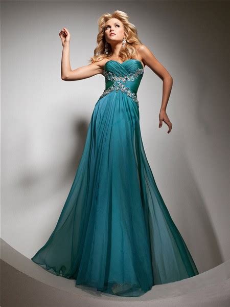 Cute A Line Princess Sweetheart Long Teal Chiffon Prom Dress With Beading