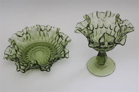 Vintage Fenton Thumbprint Pattern Green Glass Bonbon Bowl Candy Dish Compote