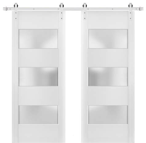 Double Barn Door Frosted Glass Lucia 4070 White Silk Silver 13ft Rail Set 72 X 84 2