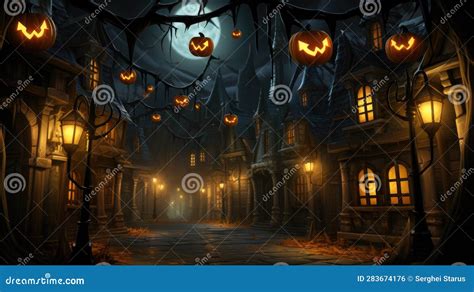 A Dark Alley With Halloween Pumpkins Hanging From The Trees Generative