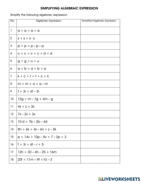 Simplifying Algebraic Expressions Worksheets Printable Calendars At A Glance