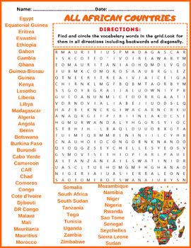 All African Countries Word Search Puzzle Worksheets Geography Of Africa