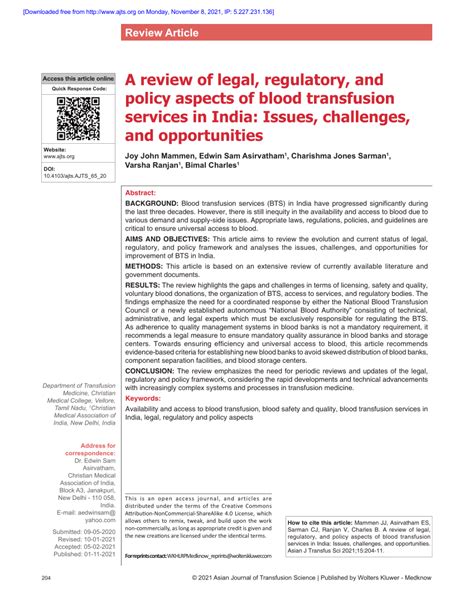 Pdf A Review Of Legal Regulatory And Policy Aspects Of Blood