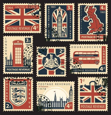 Ensemble De Timbres Poste Avec Les Symboles Britanniques Et Le Drapeau