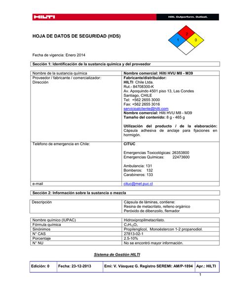 ejemplo de presentación de hoja de datos de seguridad