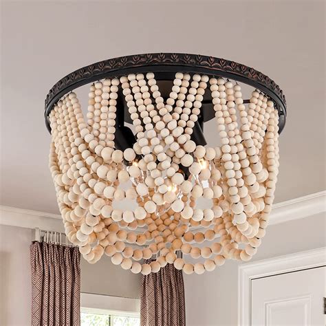 Sigalect Farmhouse Wood Beaded Flush Mount Ceiling Light3 Light Boho