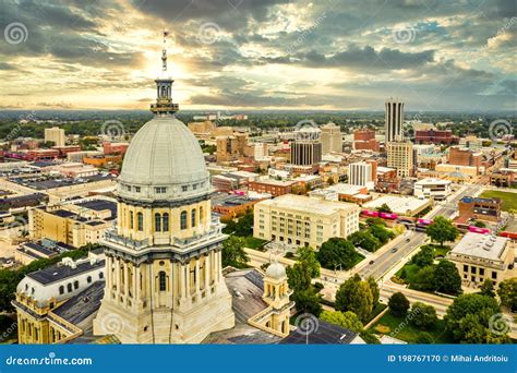 Illinois State Capitol and Springfield Skyline at Sunset. Stock Photo ...