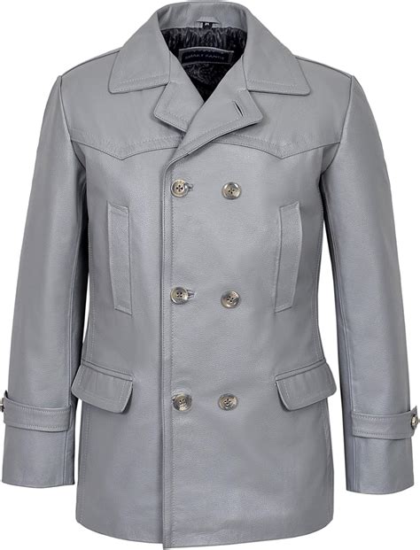 German Pea Coat Grey Dr Who Mens Classic Reefer Military Hide Leather