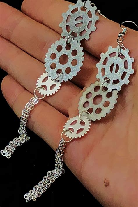 Silver Steampunk Earrings Watch Part Gears And Cogs Statement Etsy