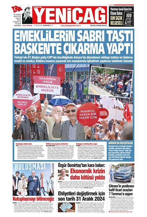 Türkiye de Yeni Çağ Gazetesi 27 Mayıs 2024 Pazartesi Günü Manşeti