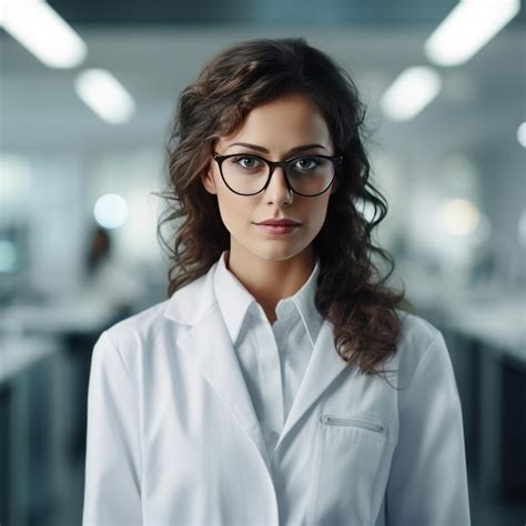 Premium Photo A Beautiful Young Woman Scientist Wearing White Coat And Glasses In Modern