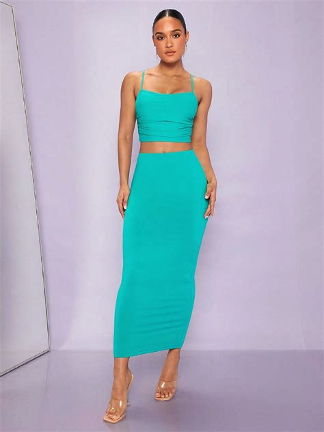 Shein Bae Solid Crop Cami Top And Pencil Skirt Shein Usa