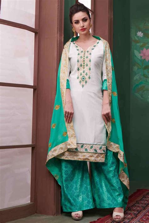 Off White Embroidered Cotton Palazzo Suit Pz2016