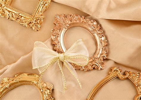 Four Golden Photo Frames With Gold Bow Background Golden Photo Frame