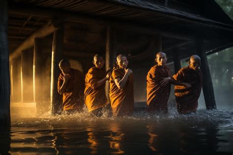 Premium Ai Image Monks Are Walking Through A Flooded Temple