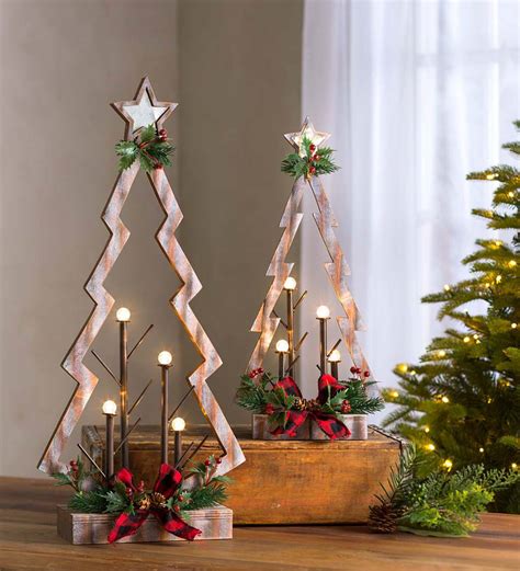 Tabletop Lighted Wooden Christmas Trees Set Of 2 Wind And Weather