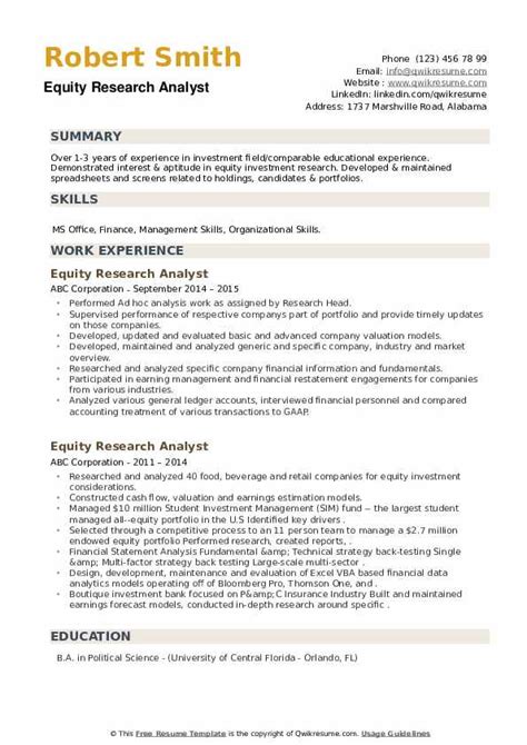 Equity Research Analyst Resume Samples QwikResume