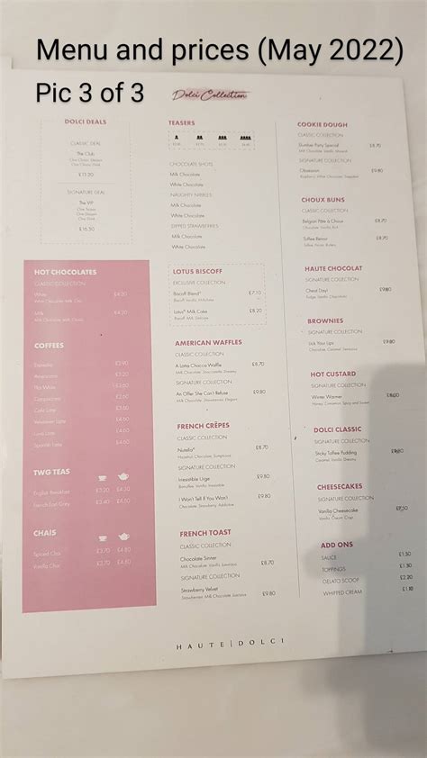 Menu at Haute Dolci restaurant, London