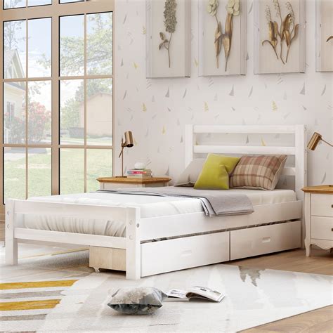 Euroco Wood Platform Bed With Headboard And Two Drawers Twin White