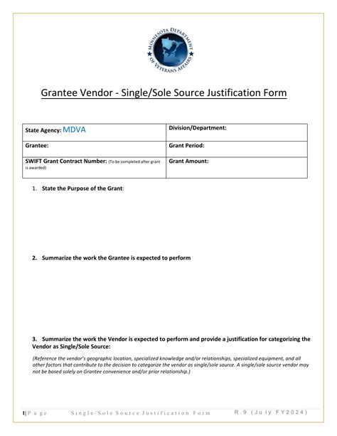 2024 Minnesota Grantee Vendor Singlesole Source Justification Form