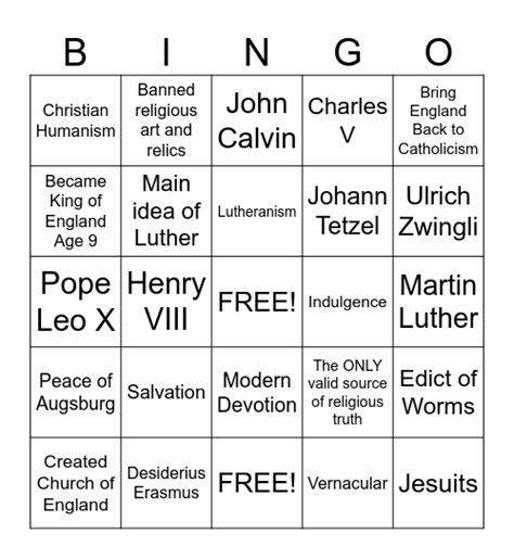 The Protestant Reformation Bingo Card