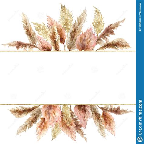 Watercolor Tropical Banner With Pampas Grass And Gold Textures