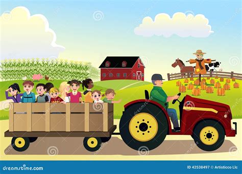 Kids Going On A Hayride In A Farm With Corn Fields In The Background