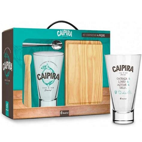 Kit Caipirinha Copo Long Socador Tábua e Colher Brasfoot Kit