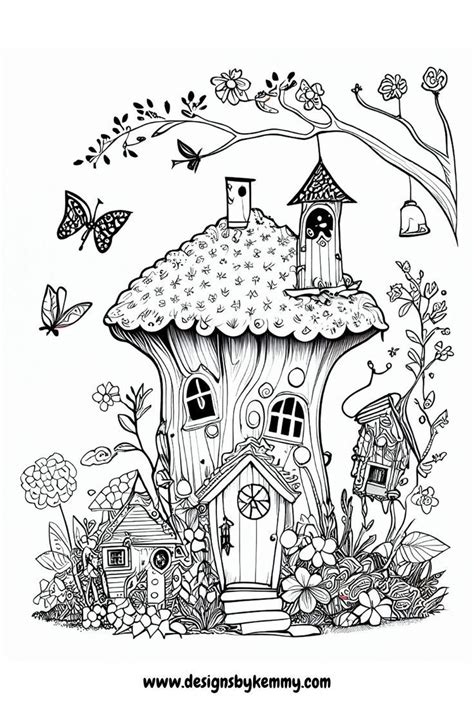 Free Fairy House Coloring Page For Adults Designs By Kemmy Coloring