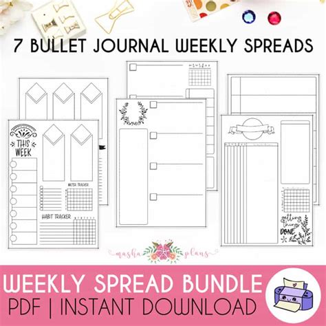 7 Printable Bullet Journal Weekly Spreads Bundle Masha Plans