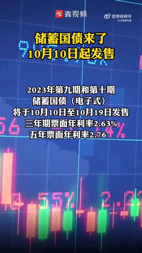 「10月储蓄国债明日开售，利率又降了」2023年第九期、第十期储蓄国债（电子式）将于10月10日至10月19日发售。三年期票面年利率263