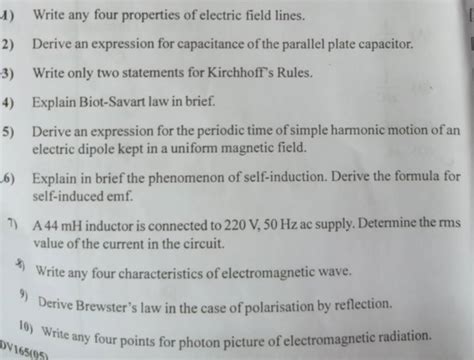 1) Write any four properties of electric field lines. 2) Derive an expres..