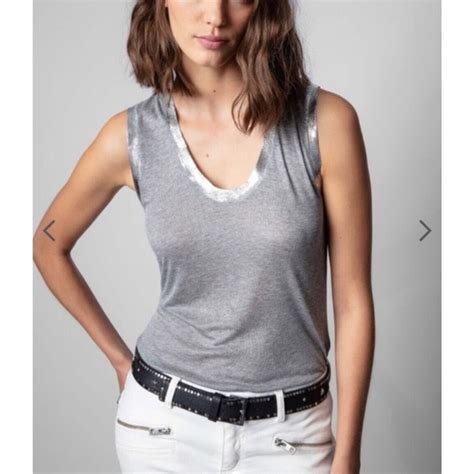 Zadig And Voltaire Tam Foil Tank Gray Silver Cotton M Gem