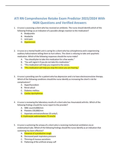 Ati Rn Comprehensive Retake Exam Predictor 20232024 With Ngn Questions