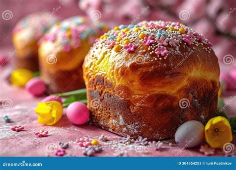 Easter Cake With Flowers On Pink Background Traditional Holiday Treat Stock Image Image Of