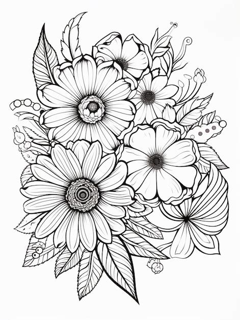 Un Dibujo En Blanco Y Negro De Flores Con Hojas Ai Generativo Foto