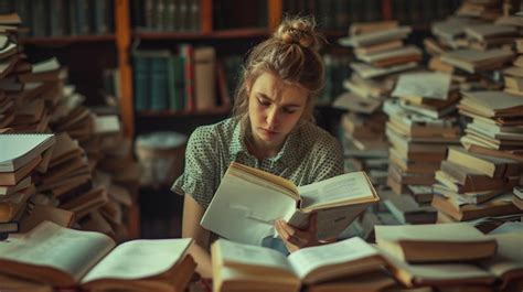 Premium Photo A Woman Is Reading A Book In A Library With Many Books In The Background